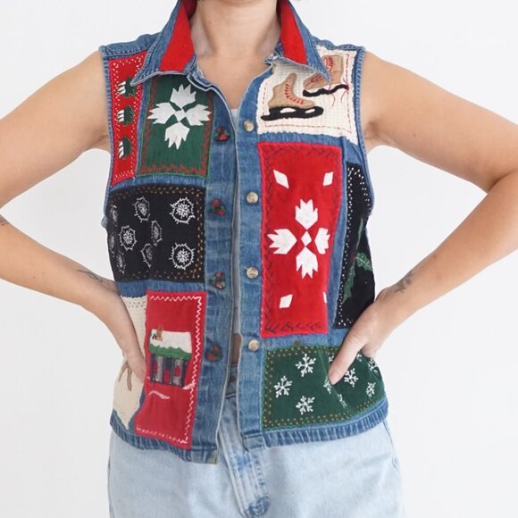 Tops - Vintage Dress Barn Blue Denim Christmas Patchwork Button Up Cotton Vest M